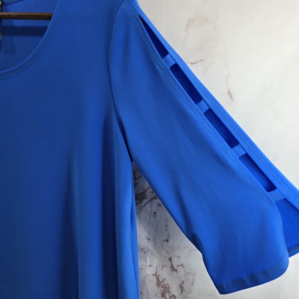 Clara Sun Woo Shirt Womens Large Blue Blouse Cut Out Cobalt Liquid Knit - Picture 9 of 11